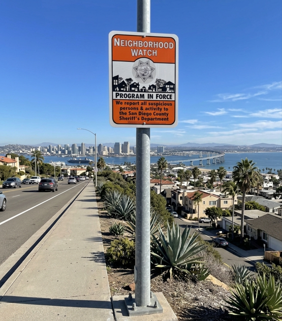 San Diego County Sheriff's Office reflective neighborhood watch sign installed in a residential community overlooking the bay