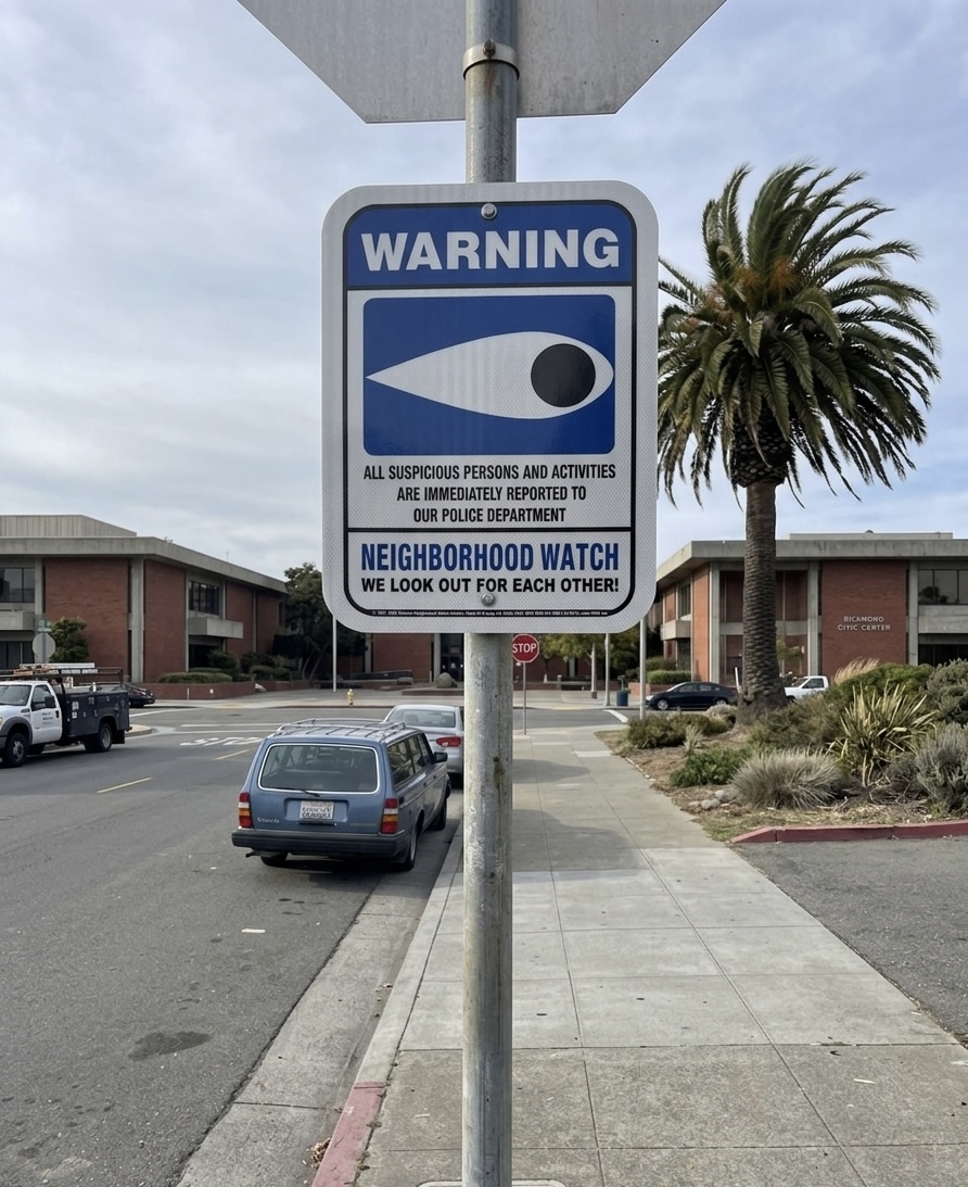 Blue Eye plastic reflective warning sign installed at a civic center